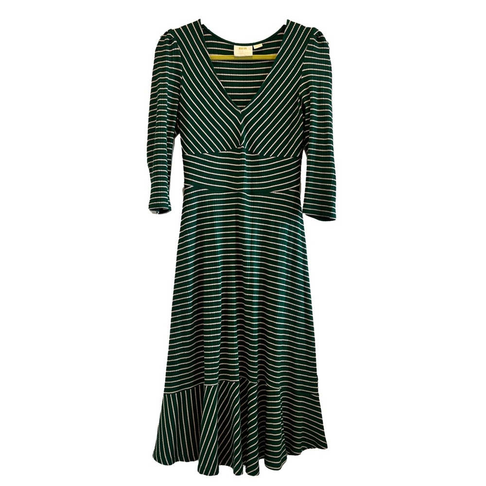ANTHROPOLOGIE x MAEVE Dress Green Beige Striped Ribbed Knit Stretch Midi Sz S 🤍